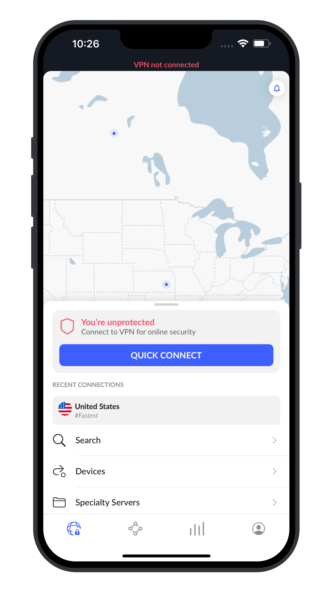 NordVPN client disconnected state ready for quick connect
